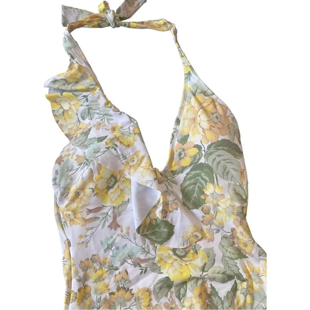 NWT Antonio Melani‎ Floral Ruffle Halter One Piece Swimsuit Size XS